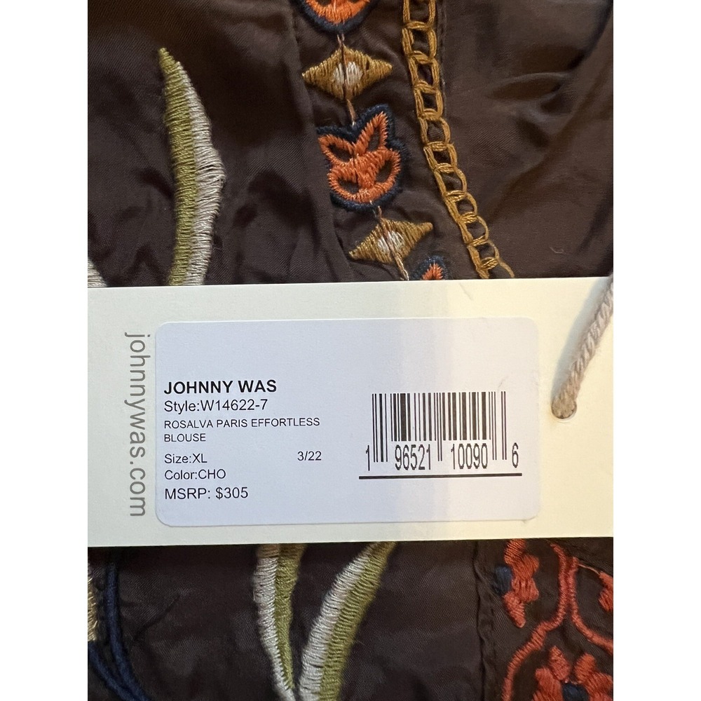 NWT Johnny Was %100 Silk XL Brown Embroidered Elastic Sleeves Tunic Blouse $305 - Picture 5 of 9